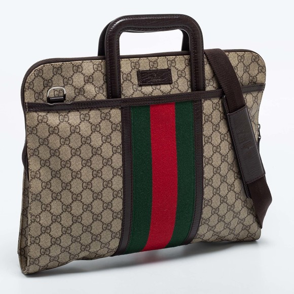 GUCCI Brown/Beige GG Supremes Canvas and Leather Web Business Briefcase Bag - Picture 3 of 8